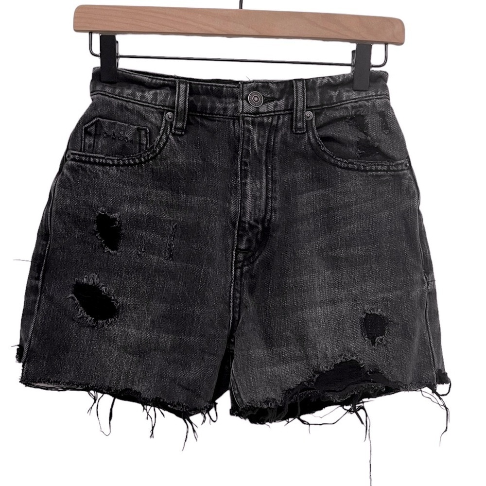 Free People Distressed Black Denim Cutoff Jean Shorts